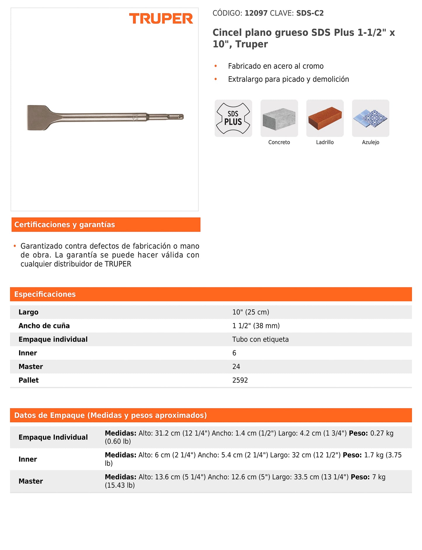 Cincel plano grueso SDS Plus de 1-1/2 in con largo de 10 in