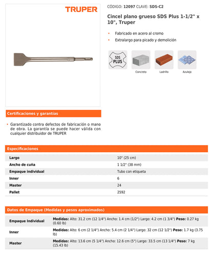 Cincel plano grueso SDS Plus de 1-1/2 in con largo de 10 in