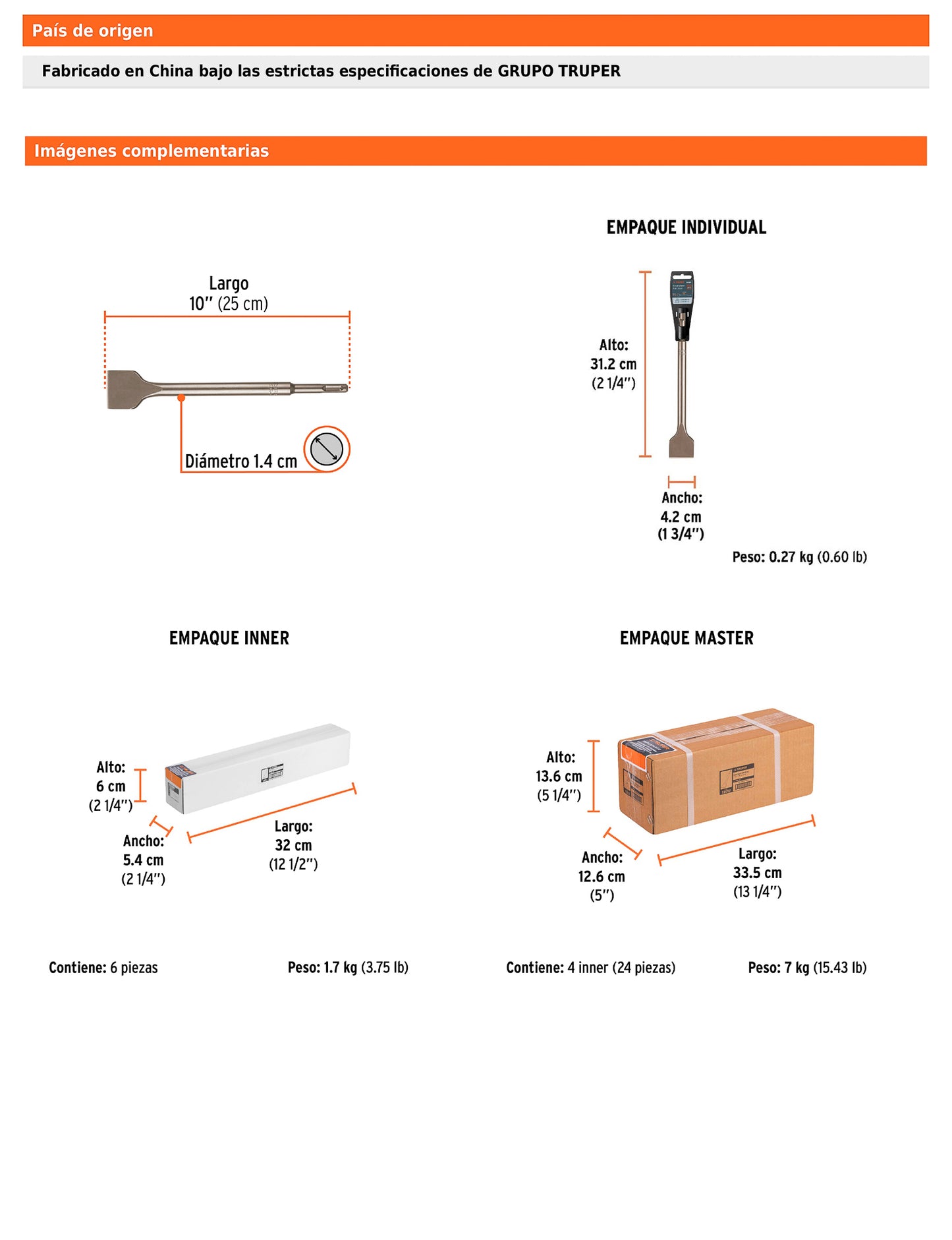 Cincel plano grueso SDS Plus de 1-1/2 in con largo de 10 in