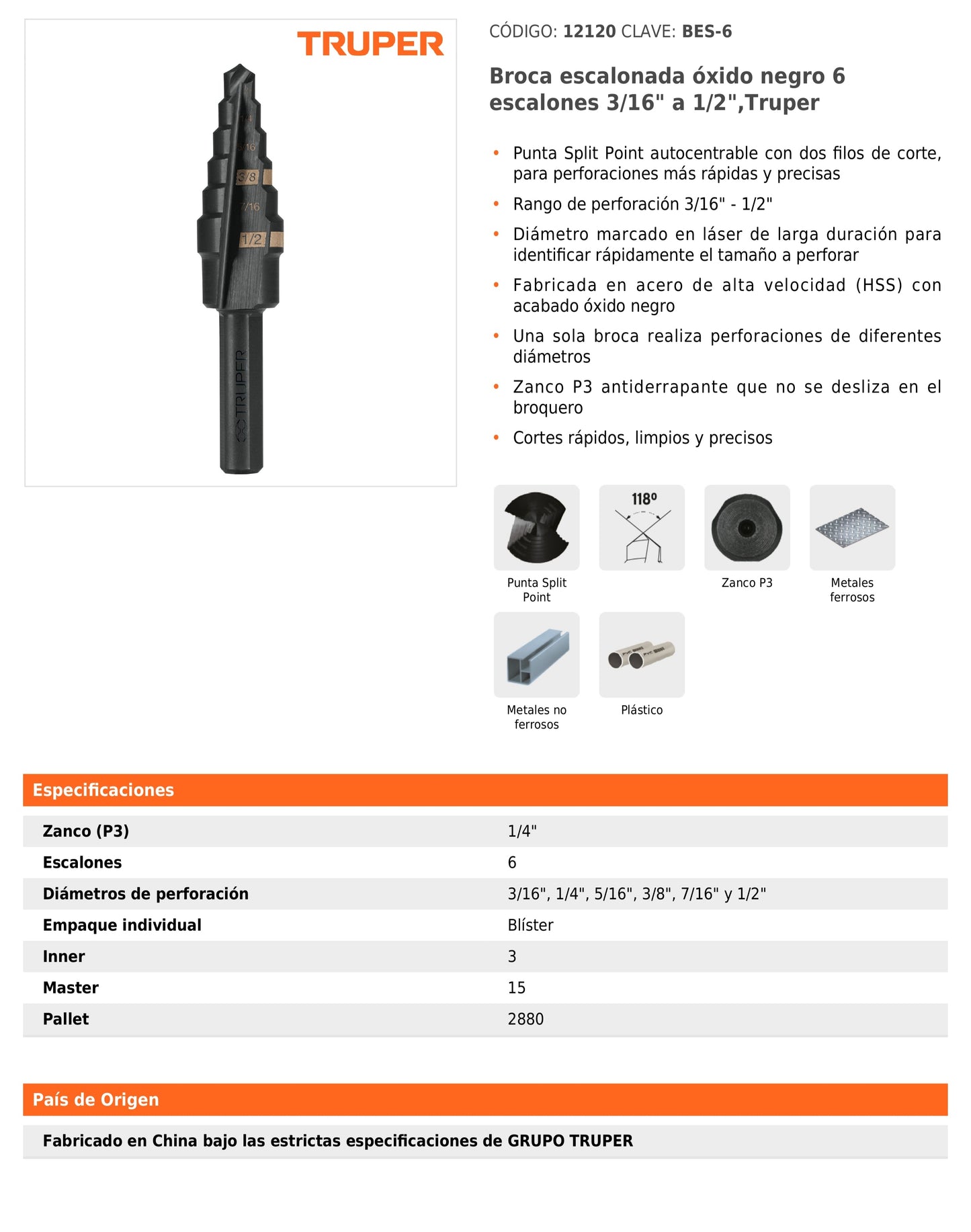Broca Escalonada 3/16 1/2" 6 Escalones