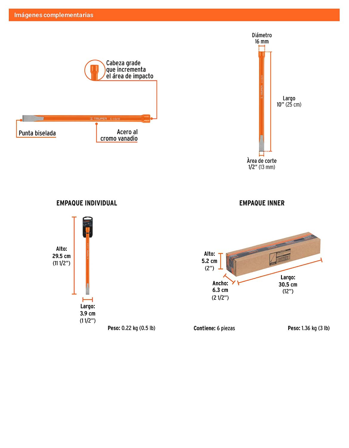 Cincel de corte frío de 1/2 X 10"