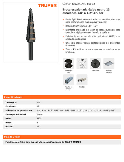 Broca escalonada óxido negro de 13 escalones con punta Split Point