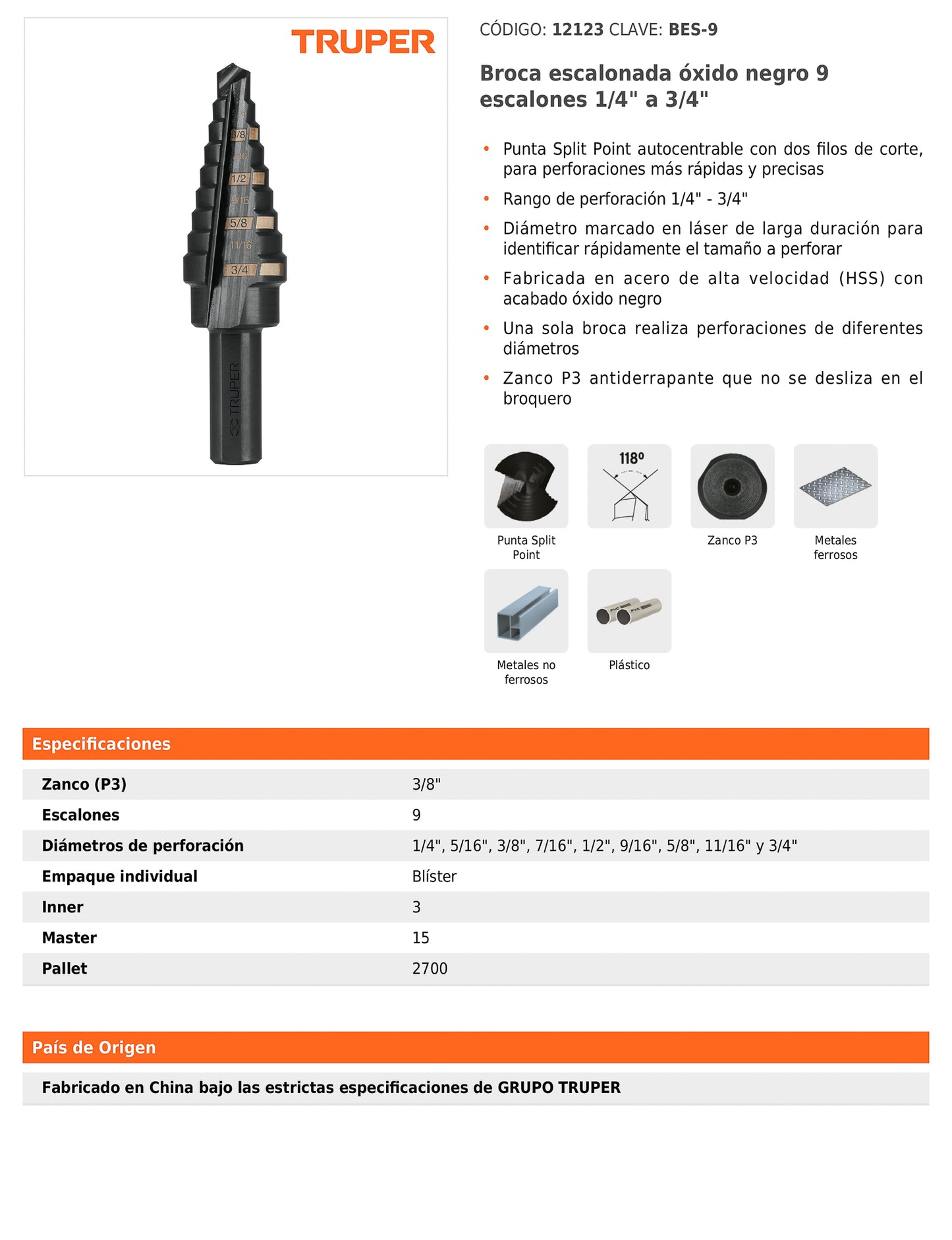 Broca escalonada óxido negro de 9 escalones con punta Split Point