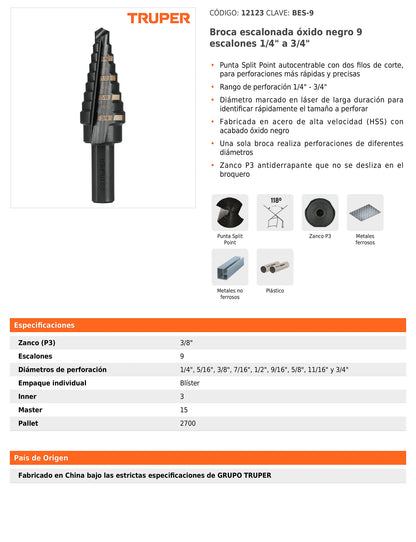 Broca escalonada óxido negro de 9 escalones con punta Split Point