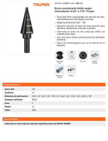 Broca escalonada óxido negro de 12 escalones con punta Split Point