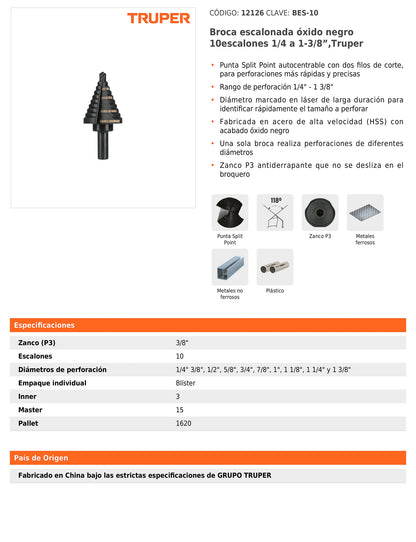 Broca escalonada óxido negro de 10 escalones con punta Split Point