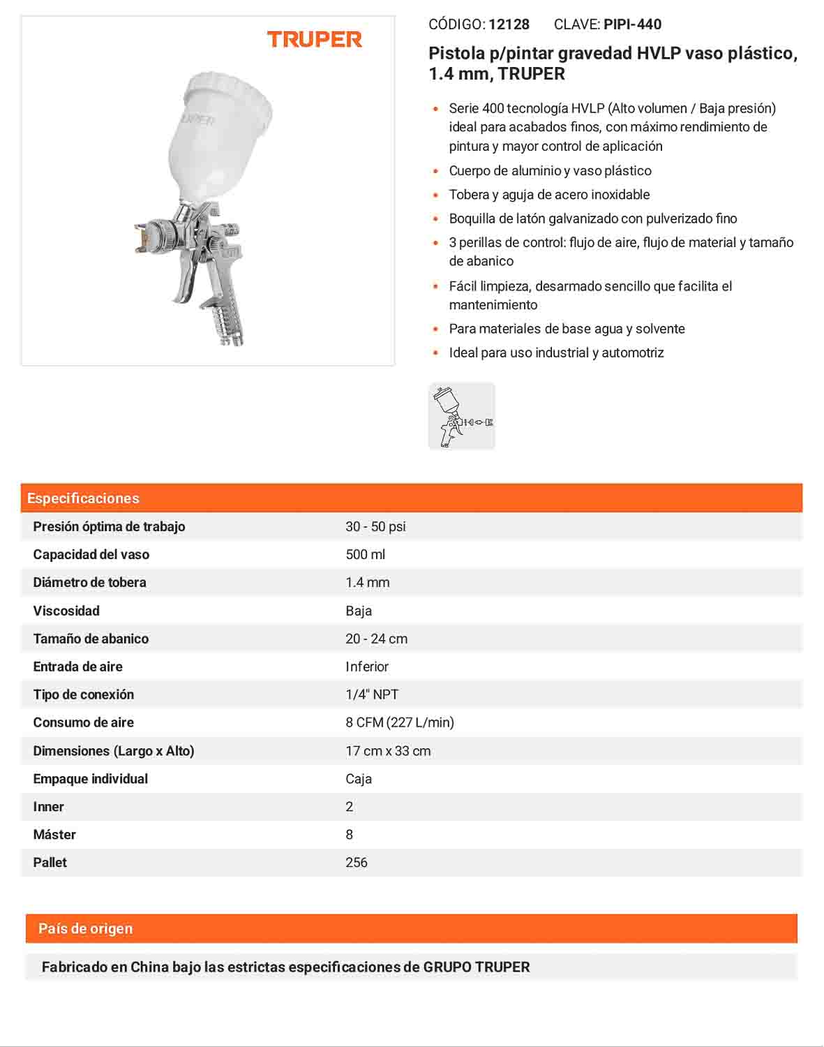 Pistola pintar gravedad HVLP 1.4 mm