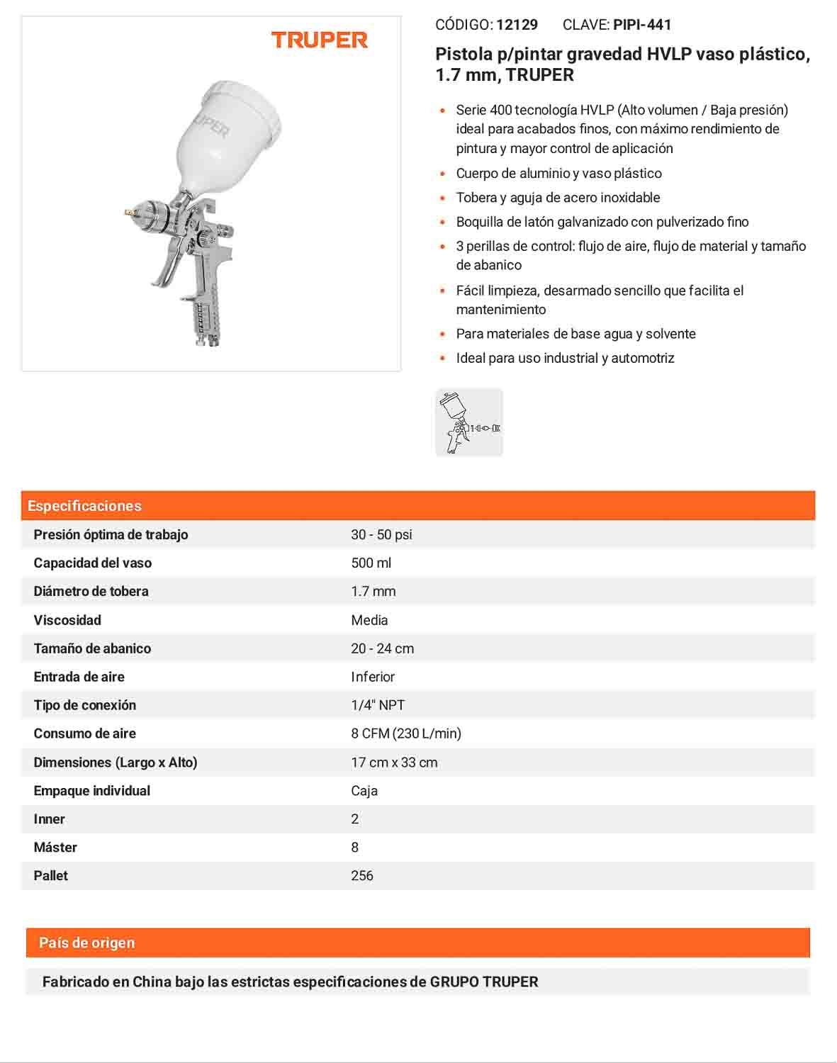 Pistola pintar gravedad HVLP 1.7 mm