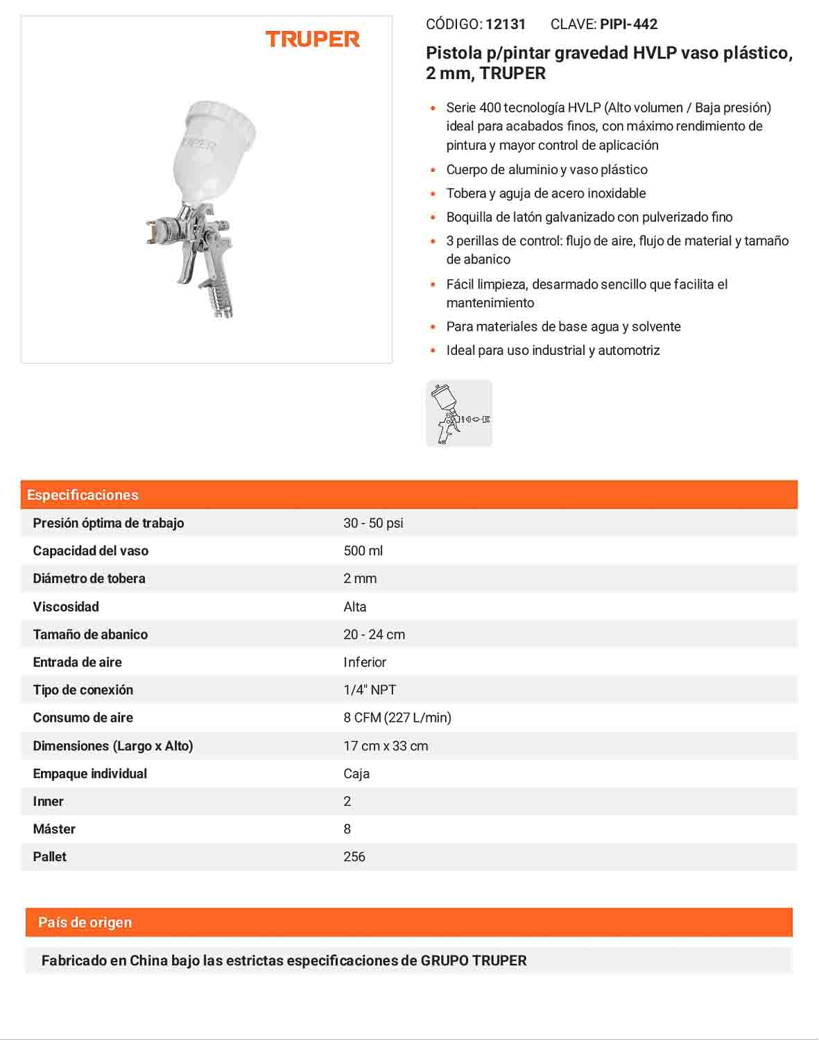 Pistola pintar gravedad HVLP 2 mm