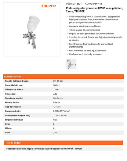 Pistola pintar gravedad HVLP 2 mm