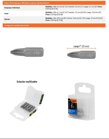 Puntas de Cruz PH2 de 1" Estuche con 5 unidades