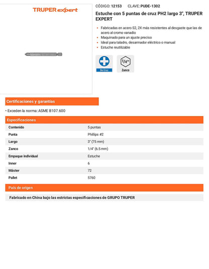 Puntas de Cruz PH2 Extra Largas Estuche con 5 unidades