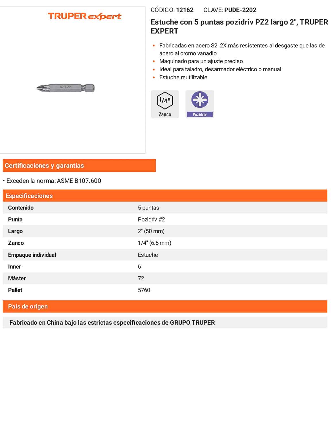 Puntas Pozidriv PZ2 Largas Estuche con 5 unidades