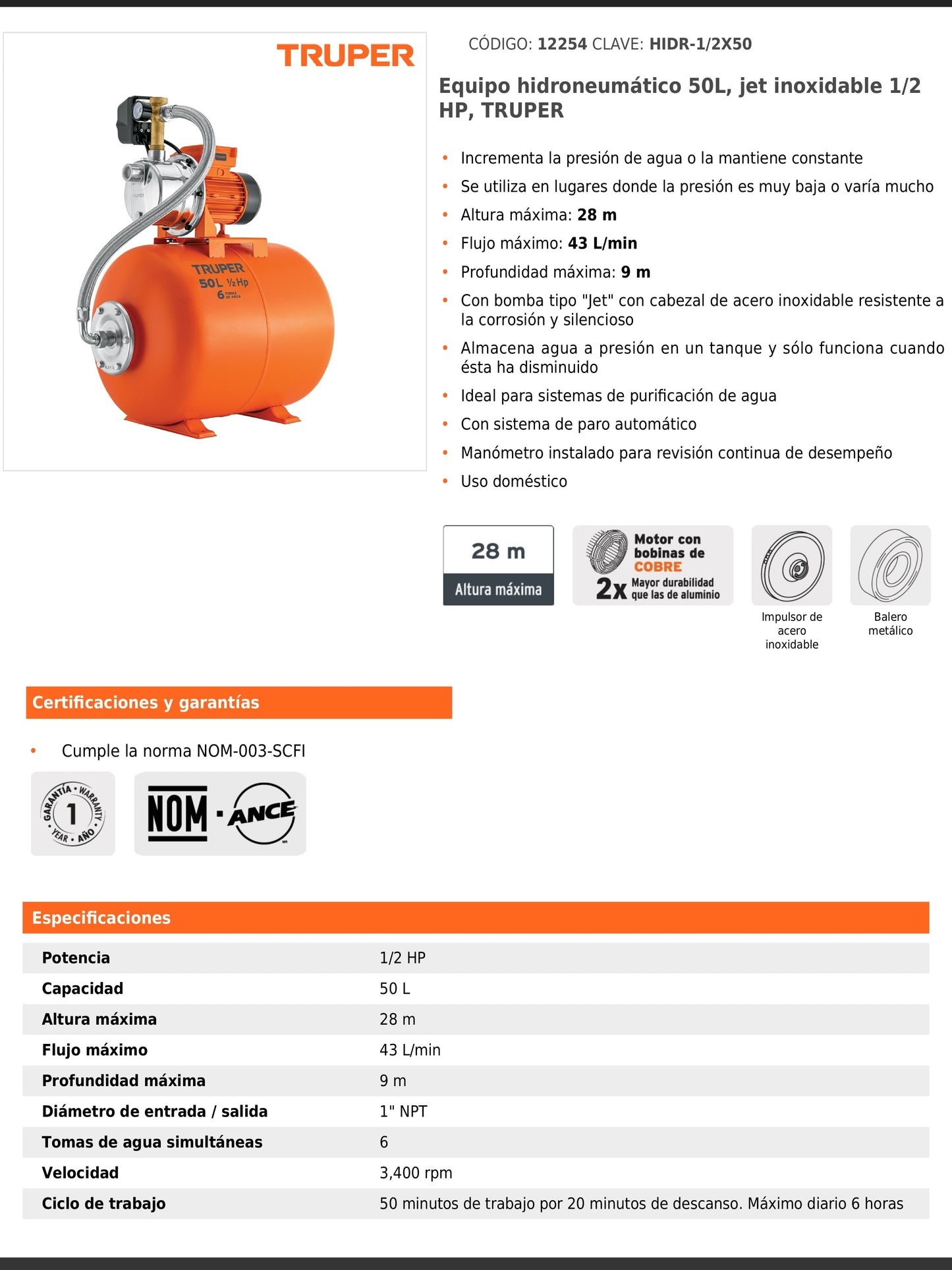 Equipo hidroneumático de 50 litros jet inoxidable de 1/2 HP