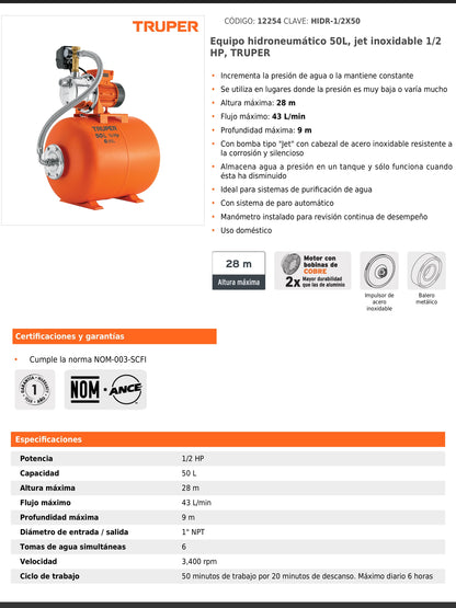 Equipo hidroneumático de 50 litros jet inoxidable de 1/2 HP