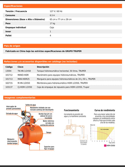 Equipo hidroneumático de 50 litros jet inoxidable de 1/2 HP