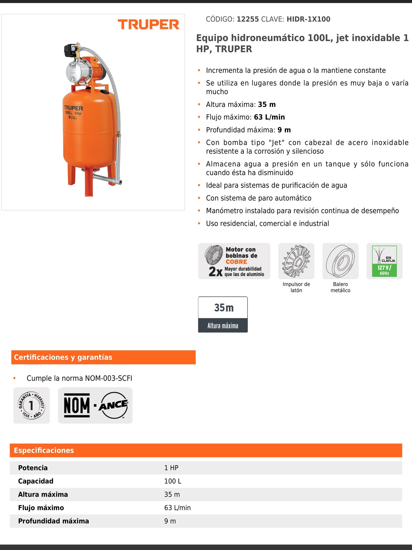 Equipo hidroneumático de 100 litros jet inoxidable de 1 HP