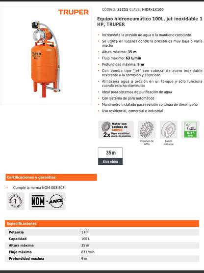 Equipo hidroneumático de 100 litros jet inoxidable de 1 HP