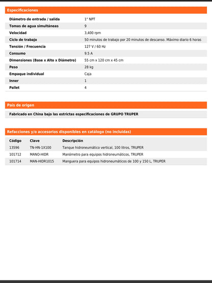 Equipo hidroneumático de 100 litros jet inoxidable de 1 HP