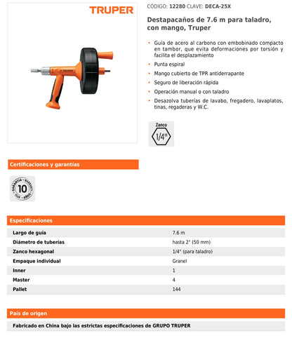 Destapacaños de 7.6 m para Taladro, con Mango