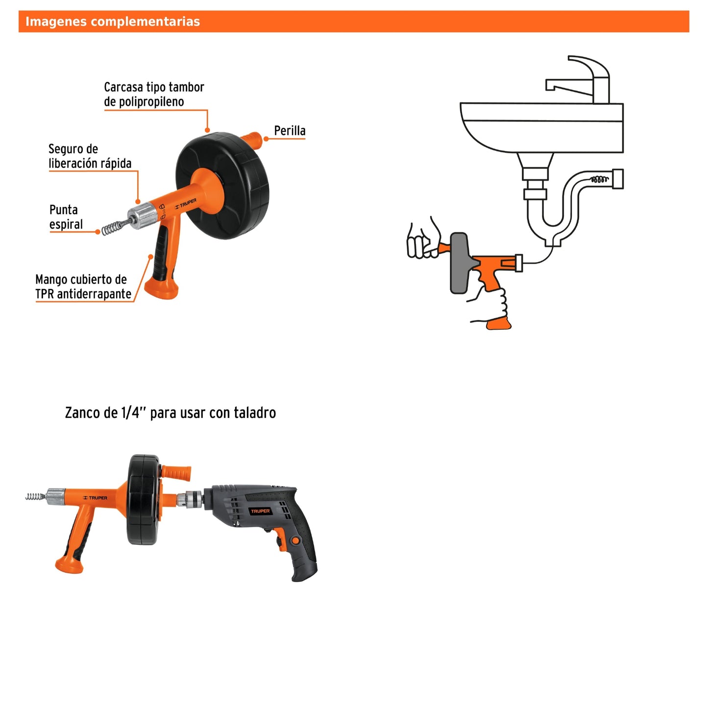 Destapacaños de 7.6 m para Taladro, con Mango