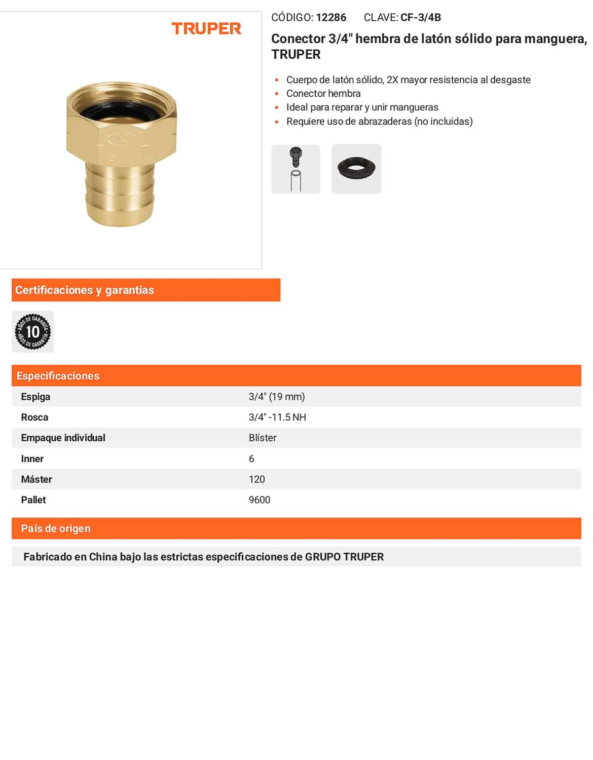 Conector 3/4pulg. hembra de latón sólido para manguera