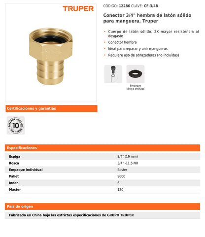 Conector hembra de latón sólido para manguera de 3/4"