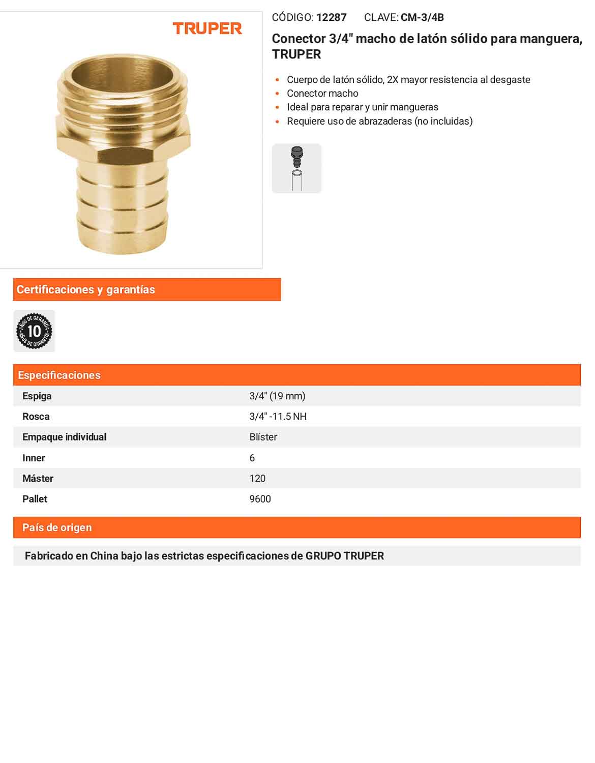 Conector 3/4pulg. macho de latón sólido para manguera