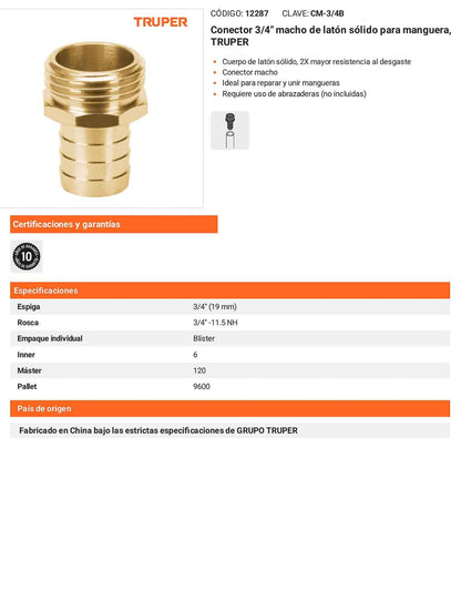 Conector 3/4pulg. macho de latón sólido para manguera
