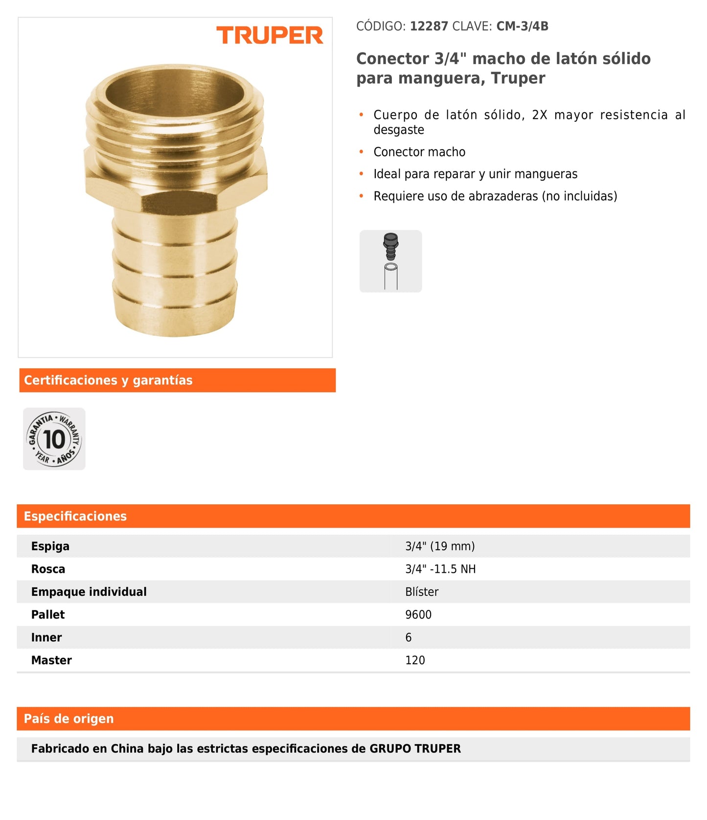 Conector macho de latón sólido para manguera de 3/4"