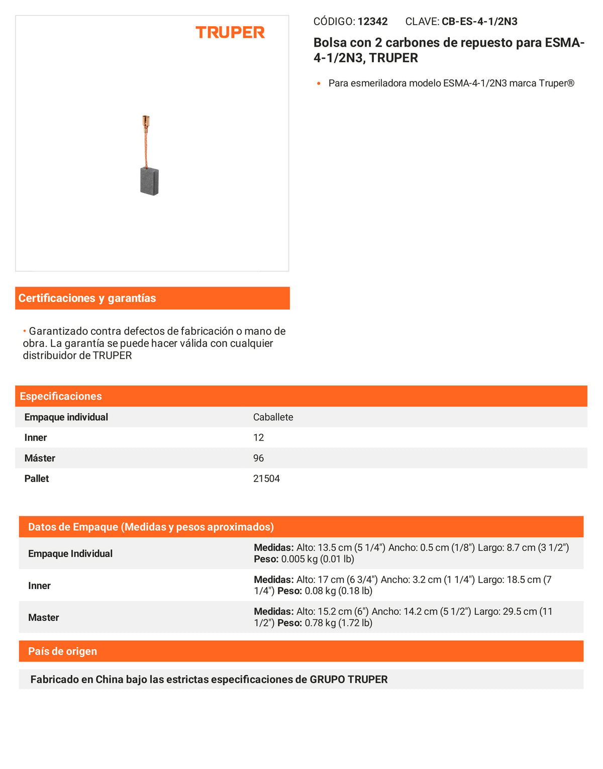 Ficha tecnica - 2 carbones para ESMA-4-1/2N3 - SKU 12342