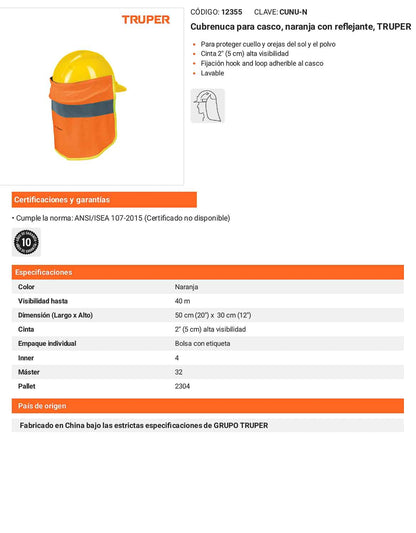 Cubrenuca para Casco Naranja con Cinta Reflejante