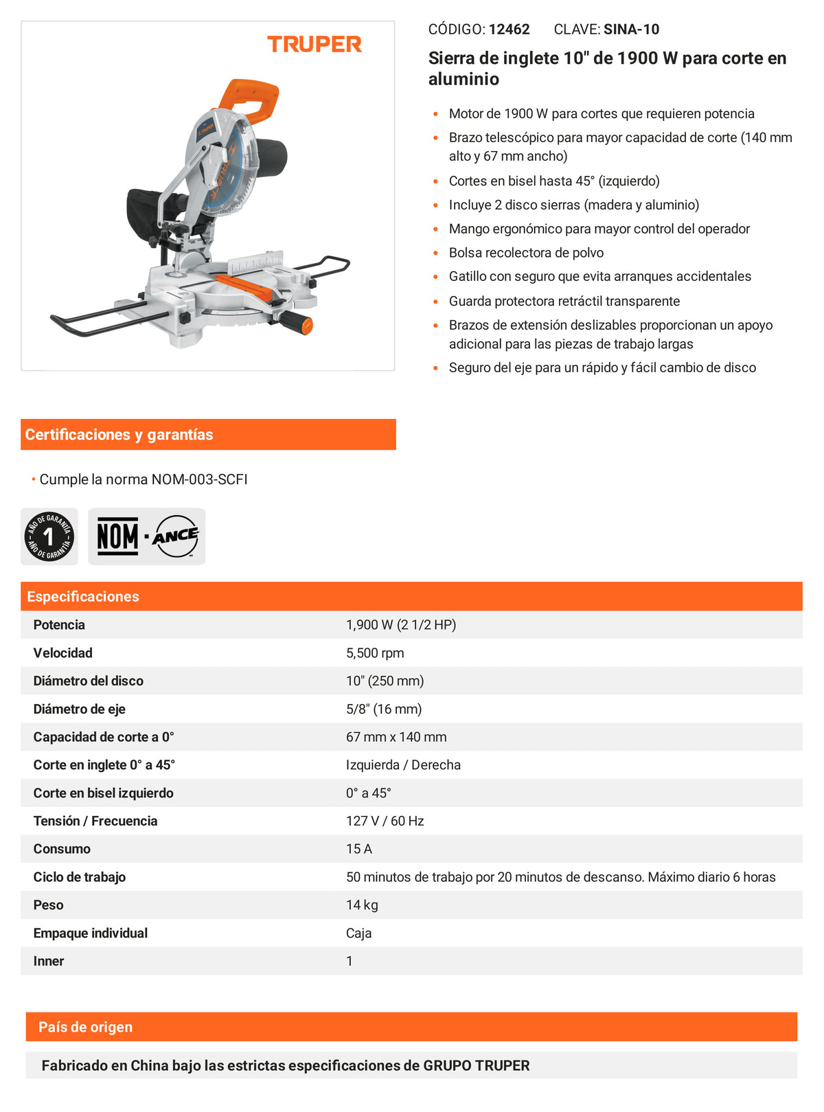 Ficha tecnica - Sierra de inglete 10 pulg de 1900 W - SKU 12462