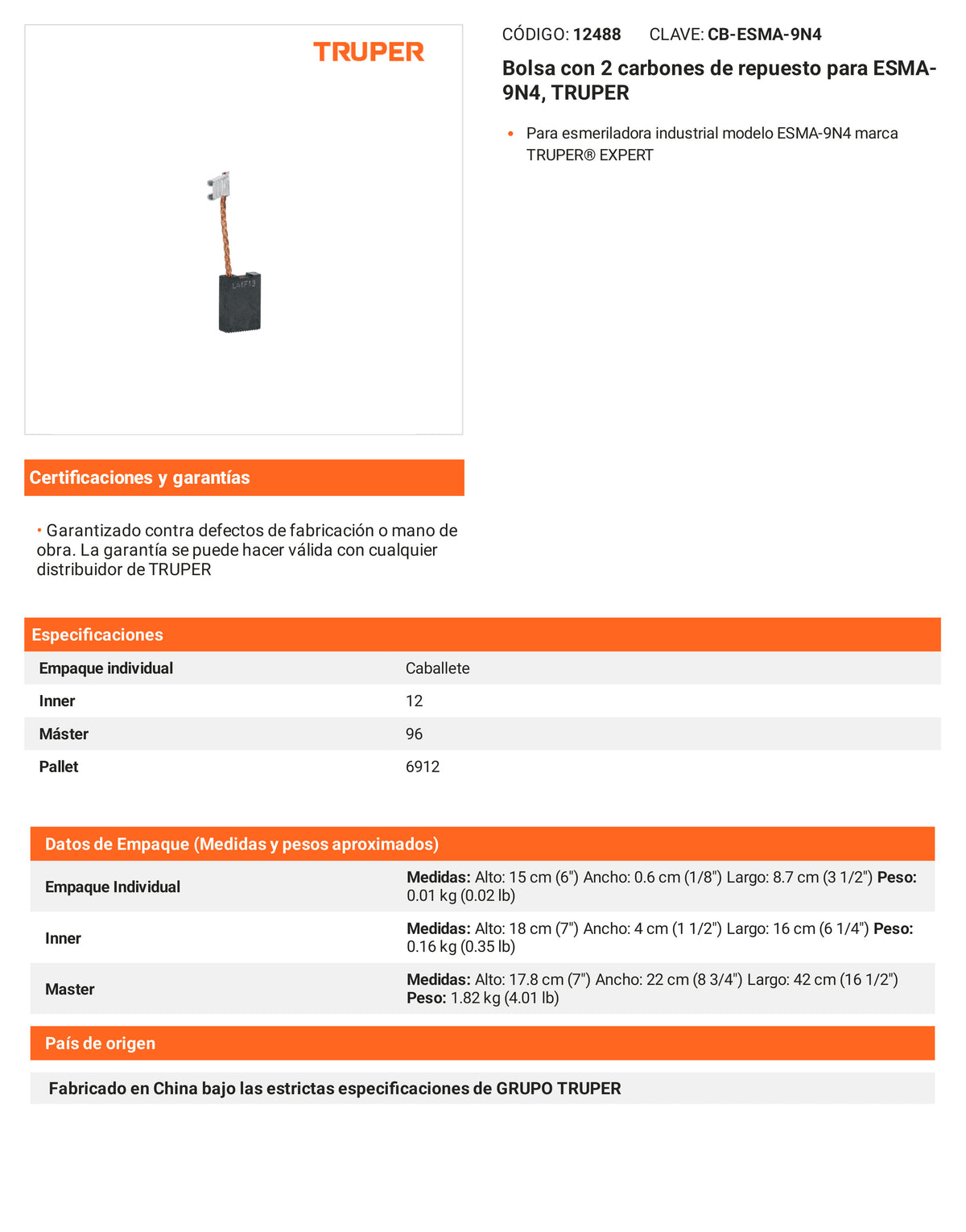 Ficha tecnica - 2 carbones para ESMA-9N4 - SKU 12488