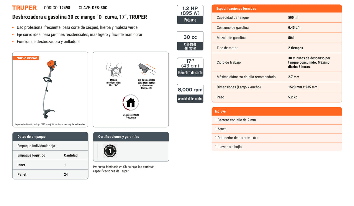Ficha tecnica - Desbrozadora a gasolina 30 cc 17 pulg - SKU 12498