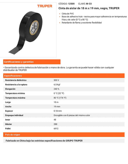 Cinta aislante 18 m x 19 mm negra