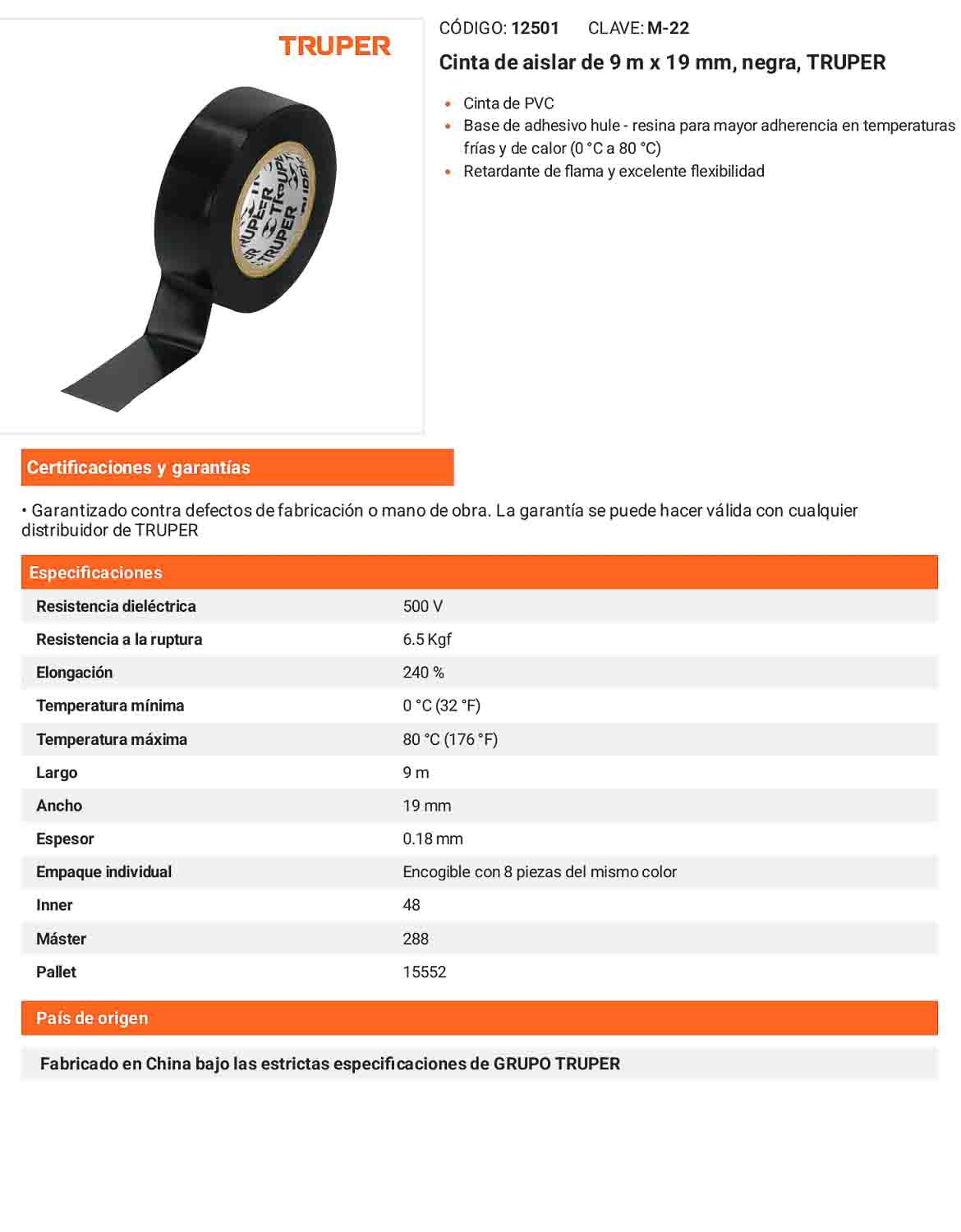 Cinta aislante 9 m x 19 mm negra