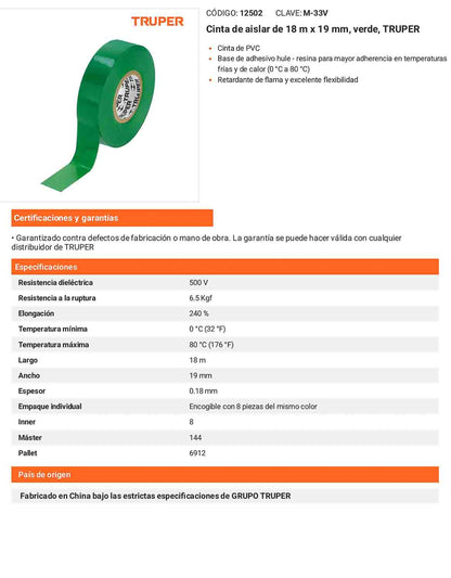 Cinta aislante 18 m x 19 mm verde