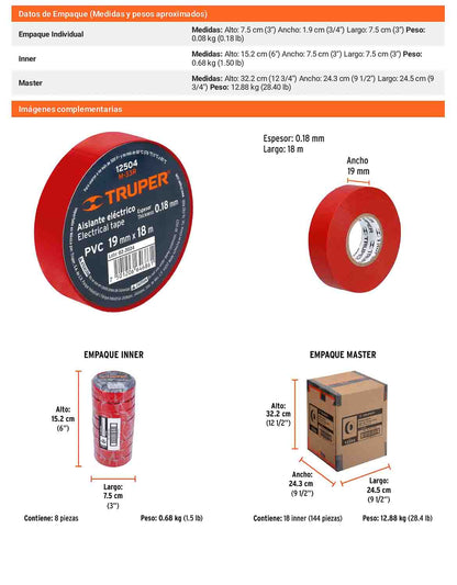 Cinta aislante 18 m x 19 mm roja