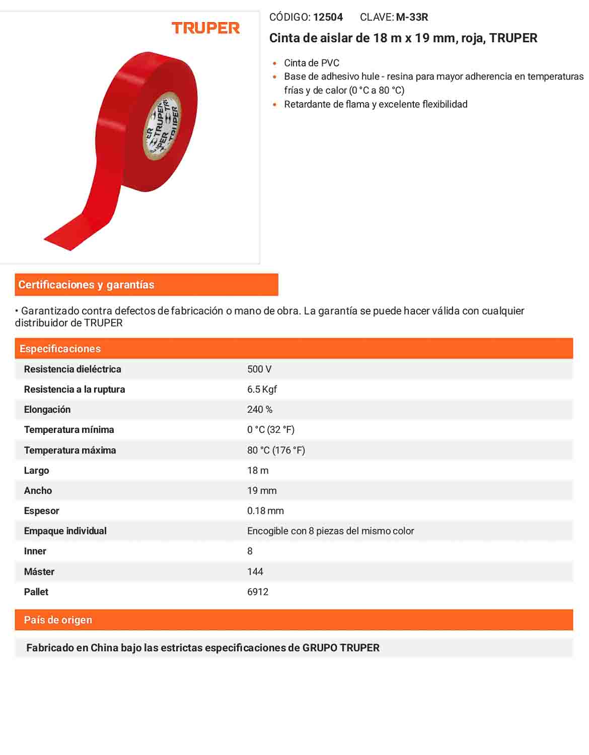 Cinta aislante 18 m x 19 mm roja