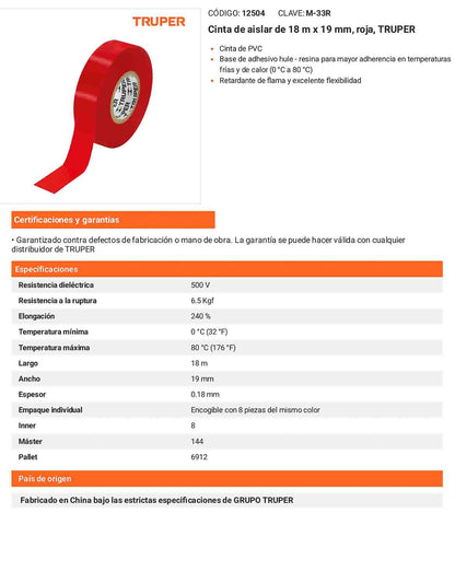 Cinta aislante 18 m x 19 mm roja