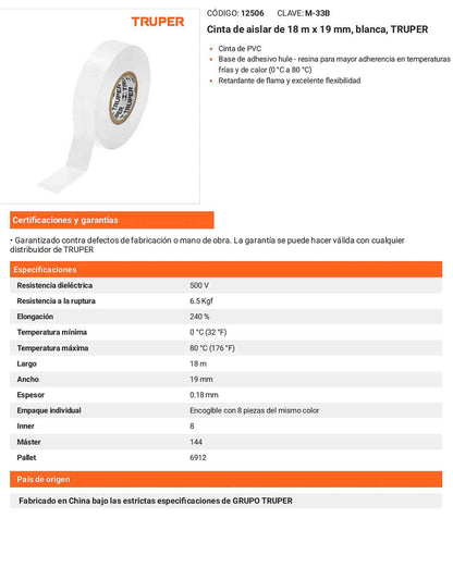Cinta aislante 18 m x 19 mm blanca