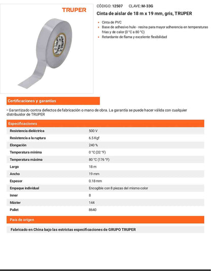 Cinta aislante 18 m x 19 mm gris