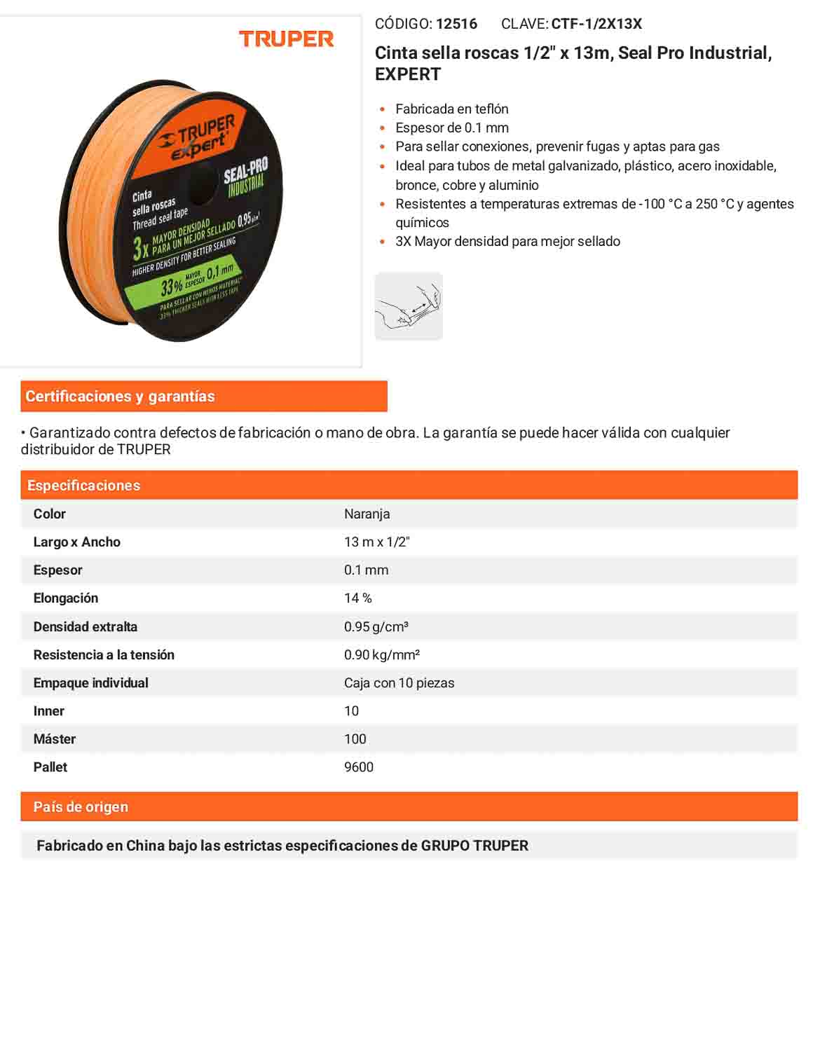 Cinta sella roscas estandar 1/2 pulg. x 13 m