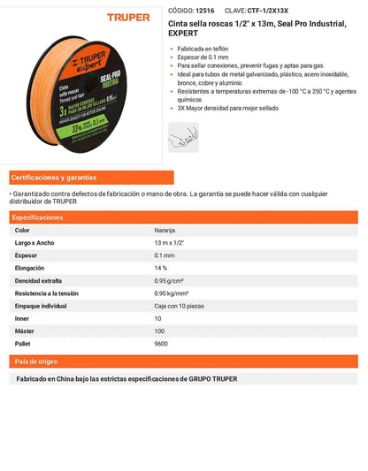 Cinta sella roscas estandar 1/2 pulg. x 13 m
