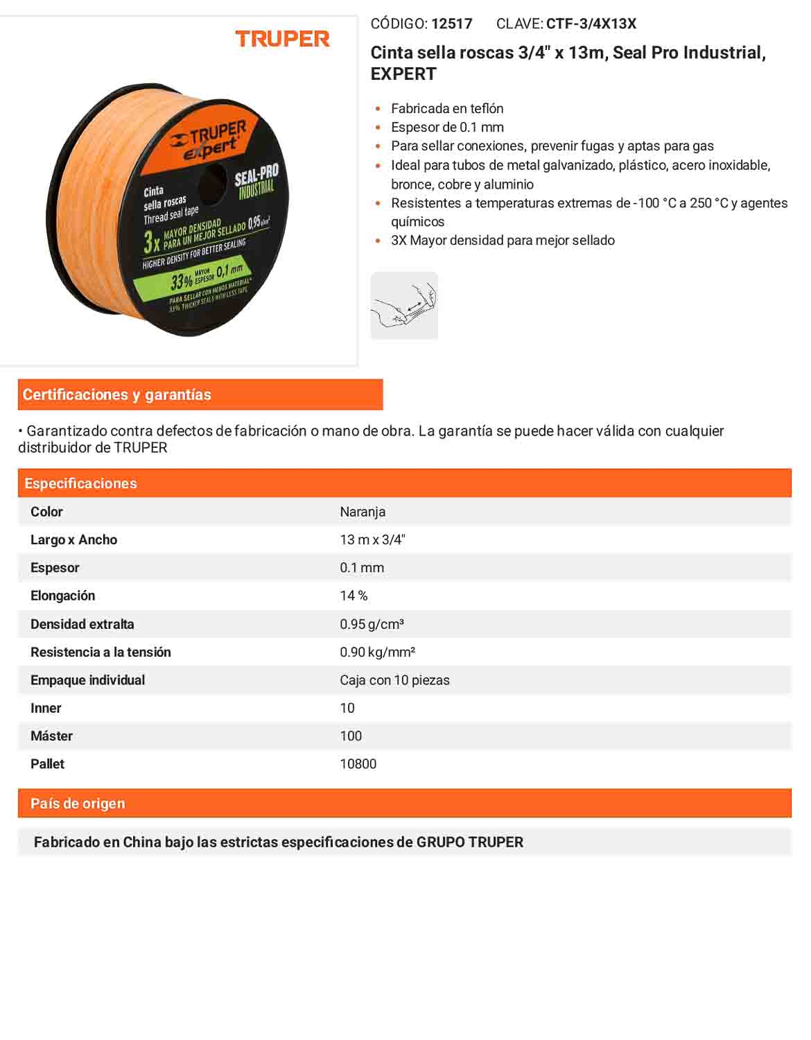 Cinta sella roscas estandar 3/4 pulg. x 13 m