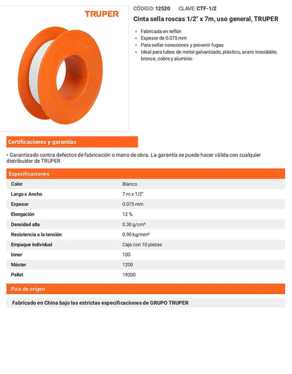 Cinta sella roscas uso industrial 1/2 pulg.