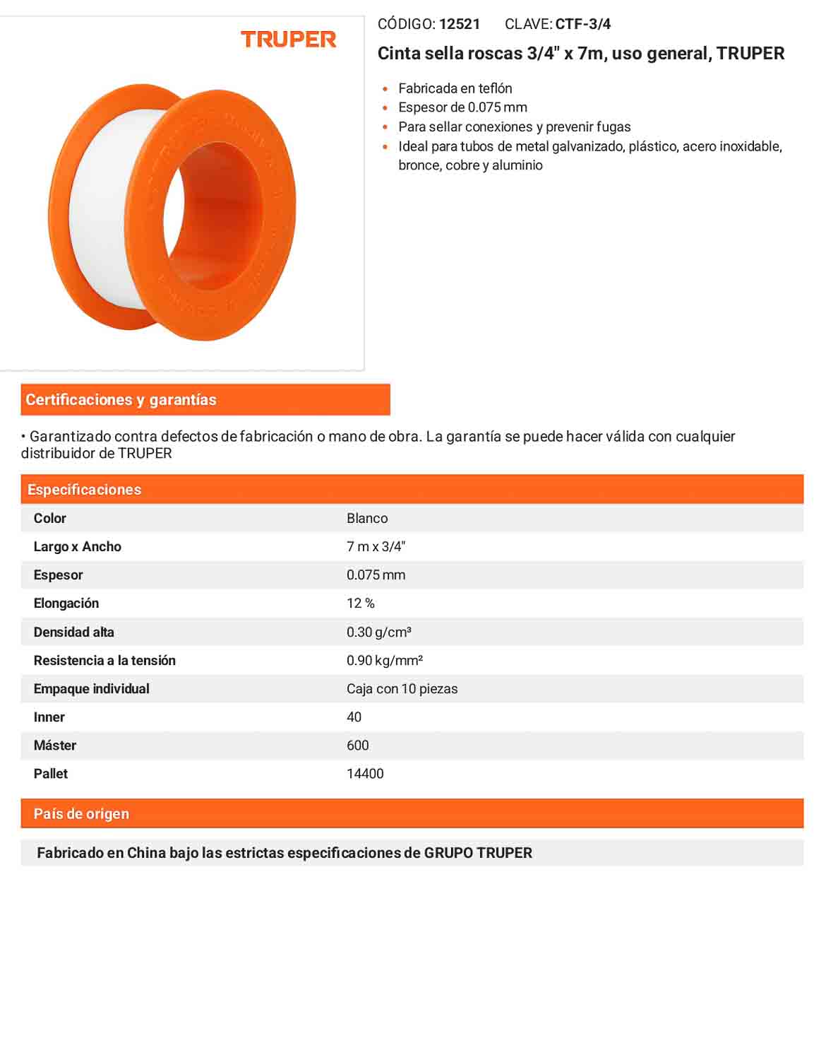 Cinta sella roscas uso industrial 3/4 pulg.