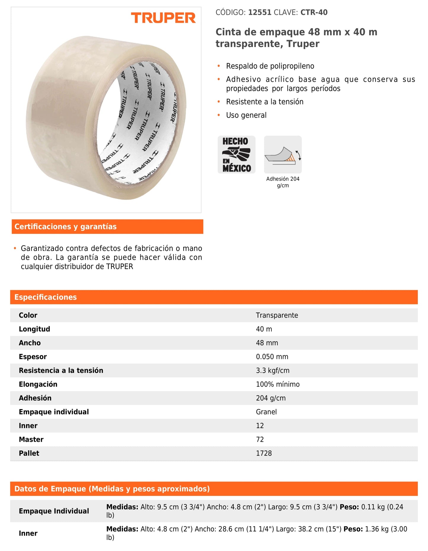 Cinta de Empaque 48 mm x 40 m Transparente