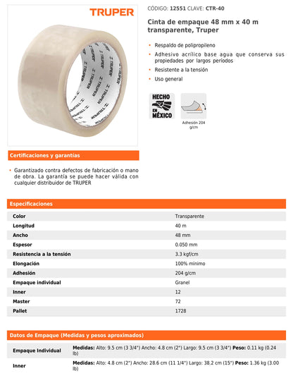 Cinta de Empaque 48 mm x 40 m Transparente